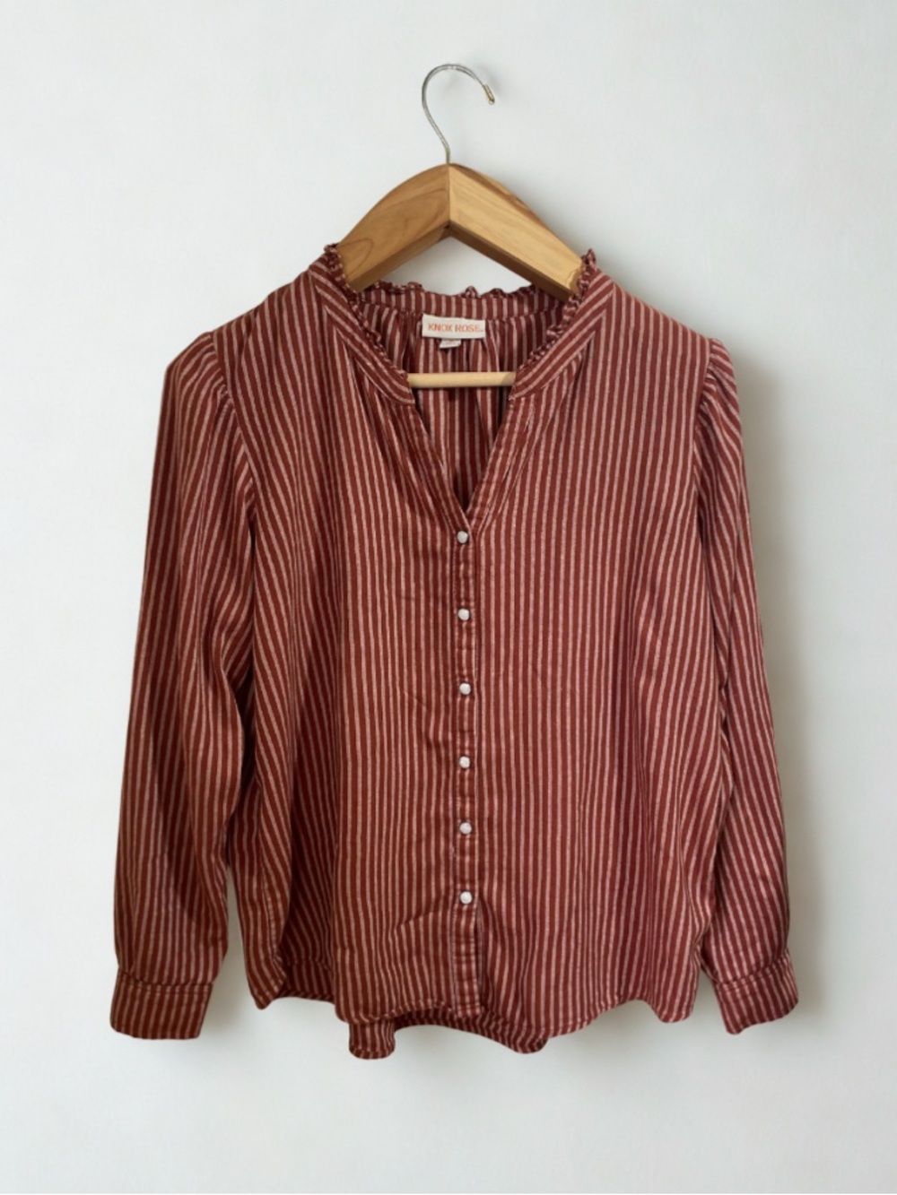 Knox Rose Striped Ruffle Neck Pearl Snap Button Blouse Size Medium